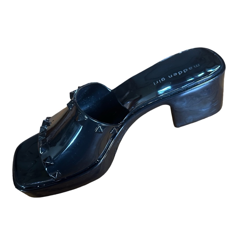 Madden Girl Paccer Shiny Black Studded Platform Heeled Jelly Slide Sandals 8.5